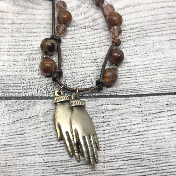 Artisan Praying Hands Pendant Charm Stone Bead Necklace Boho Spiritual Unique - Picture 2 of 6